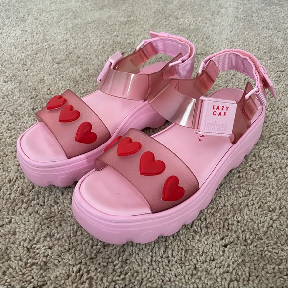 Lazy Oaf x Melissa Kick Off Heart Platform Sandals Pink Red Size 8 - Picture 2 of 10